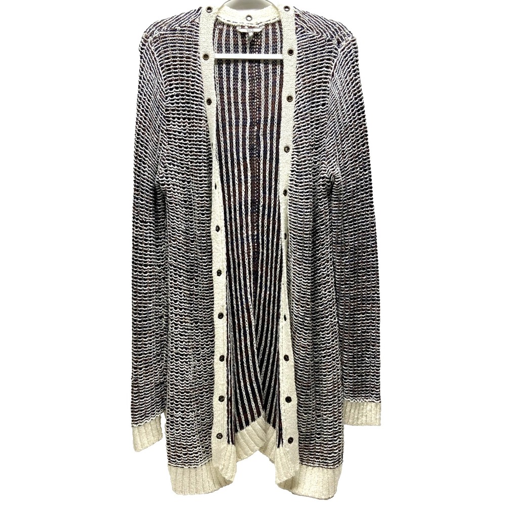 BKE Open Front Cardigan Women's Large Brn Cream Loose Knit Sweater Rivet Accents